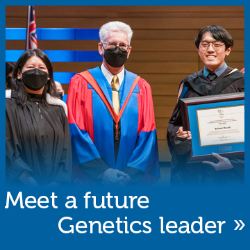 Governor Generals Collegiate Bronze Medal recipient Roland Huynh holding his degree with Micheners Registrar and former Chair of Medical Laboratory Sciences at Convocation. Meet a future genetics leader