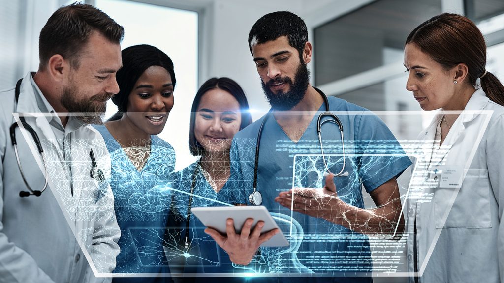 Tablet, team work or doctors with futuristic 3d hologram overlay for body anatomy or dna in hospital clinic. Data analysis, group or medical healthcare workers with innovation or digital development