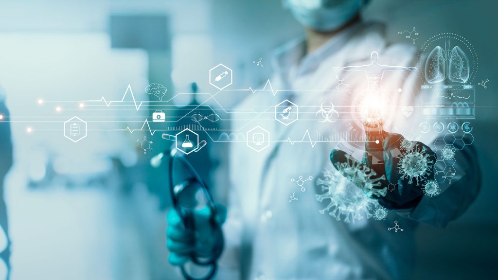 Healthcare and medicine, Covid-19, Doctor touching and diagnose virus and Human Lungs with coronavirus spread inside on modern virtual interface screen on hospital background, Innovation and Medical technology.