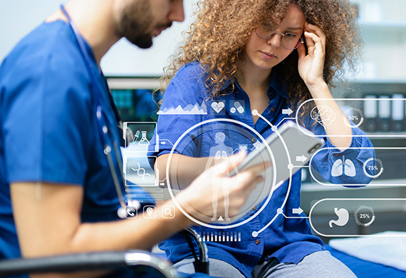 A doctor explains digital health scan results to a concerned woman using augmented reality interface and tablet. Concept of future medicine and patient care.