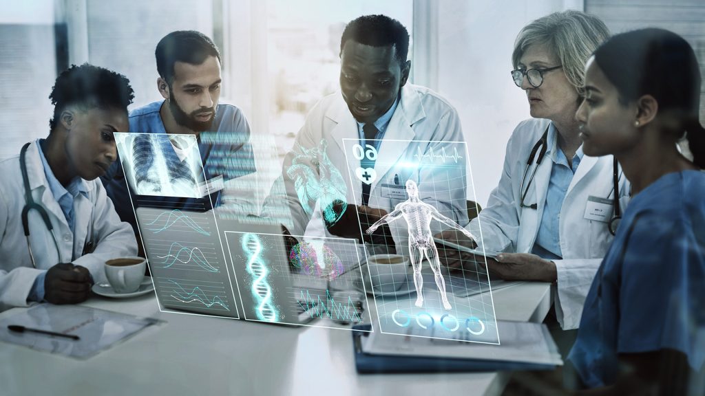 Laptop, team work or doctors in meeting with 3d holographic overlay for anatomy research in hospital. Data analysis, ai or medical healthcare workers working together to help science development