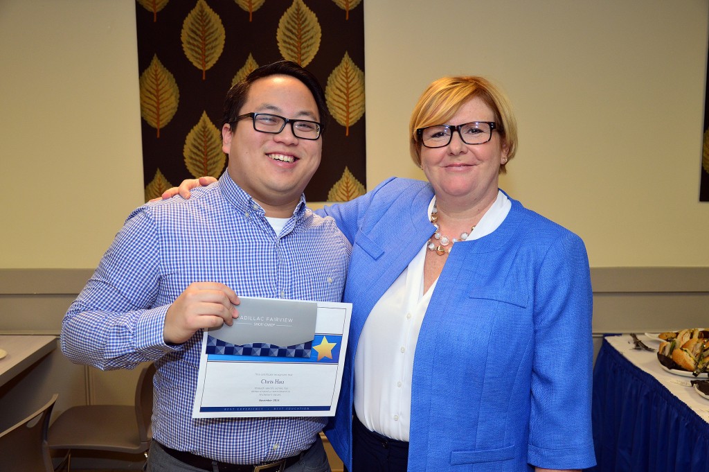 Michener Values in Action award winner Chris Hau (left; Clinical Coordinator at University Health Network, Michener Respiratory Therapy Alumni) with Karyn Roscoe, Manager of Student Enrolment