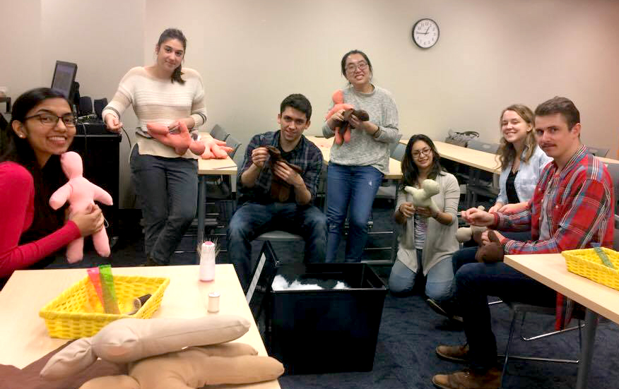 Michener students who stitched up a storm for a good cause, include (L to R) Richa Shah, respiratory therapy; Megan Lowery, cardiovascular perfusion; Mateusz Bielecki, radiation therapy; Jingwei Chen, medical laboratory science; Cindy Valdes, respiratory therapy; Samantha Bulger, radiation therapy; Andrew Belanger, radiation therapy. (Photo: UHN/Michener)