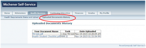 Screenshot - Michener Student Portal Health Services Uploaded Document History Page