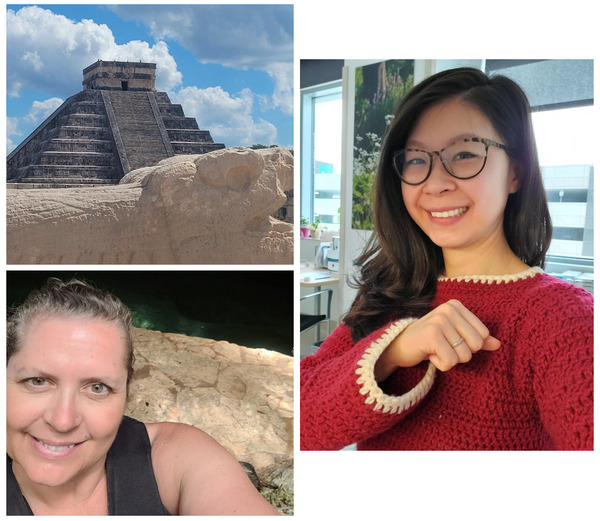 Collage including 2 headshots and a photo of a temple