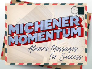 airmail envelope with text reading Michener Momentum Alumni Messages for Success
