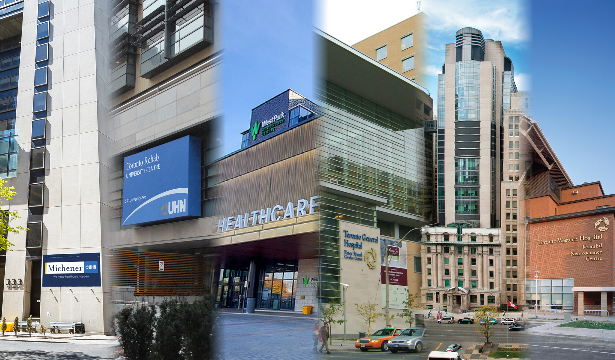 A composite image showing the exteriors of four different healthcare and hospital buildings in an urban area.